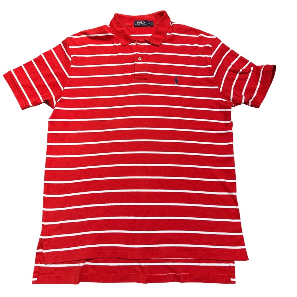 Polo Ralph Lauren Mens Large Red White Striped Short Sleeve Cotton Polo Shirt